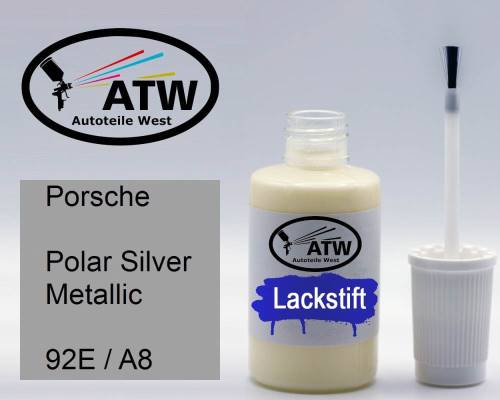 Porsche, Polar Silver Metallic, 92E / A8: 20ml Lackstift, von ATW Autoteile West.
